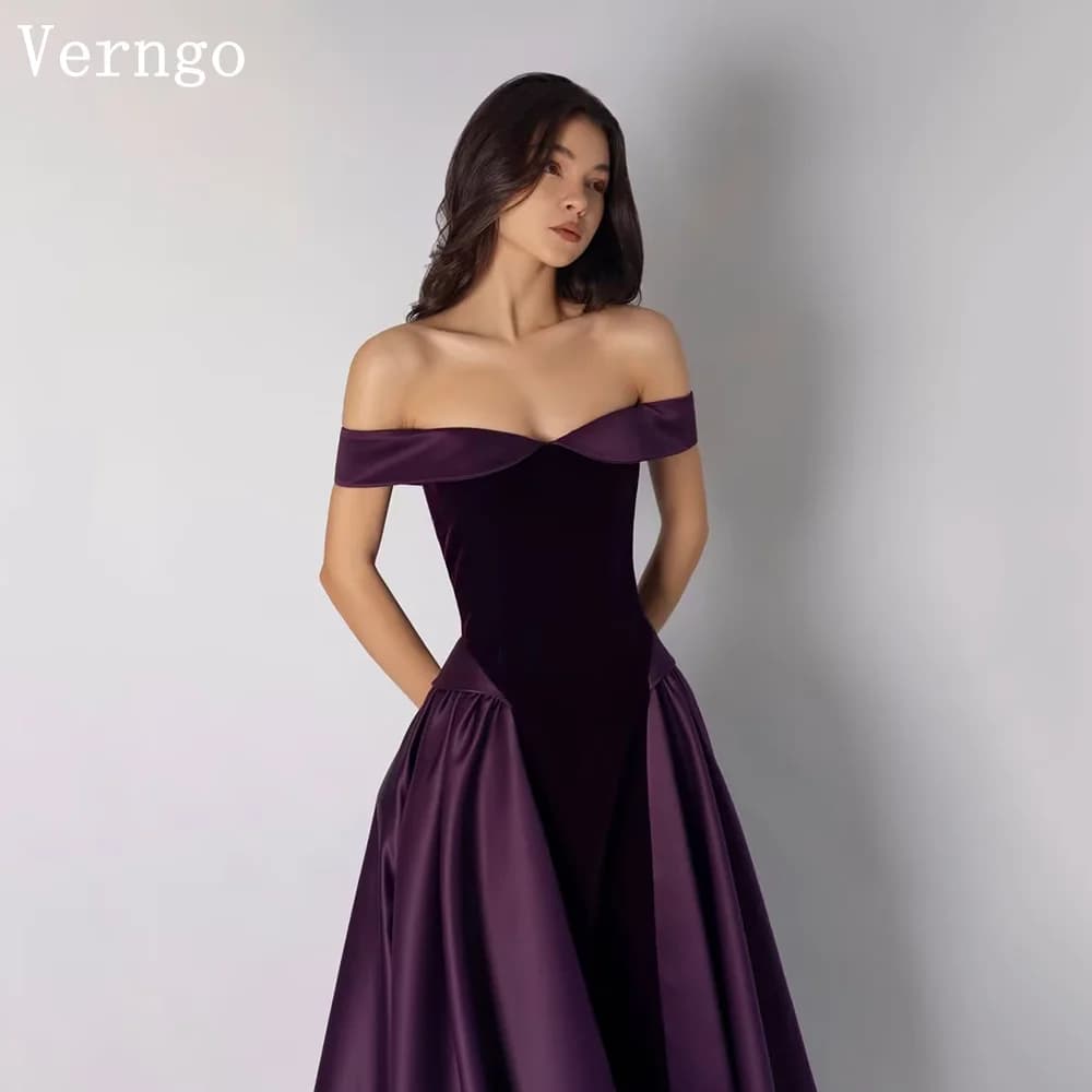 Verngo Dark Purple Satin Evening Dress Off The Shoulder A Line Modern Prom Dress Elegant Prom Party Gowns Customized