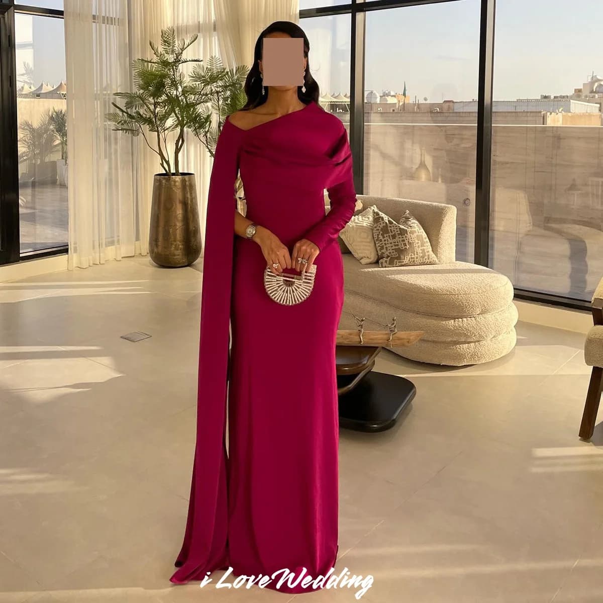 Women's Mermaid Evening Dresses Long Sleeve Prom Dress 2025 Floor-Length Wedding Guest Dress Side Strap With Ribbon Customized