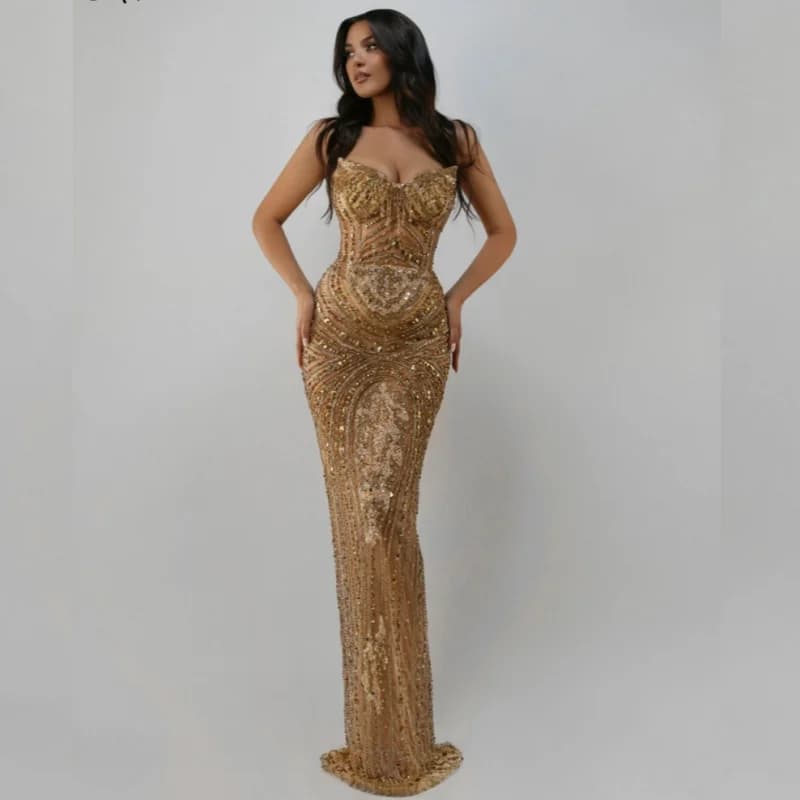 Customized Gold Evening Dress Crystals Beading Sweetheart Prom Gowns Shiny Bridal Wedding Party Dress Vestidos De Novia