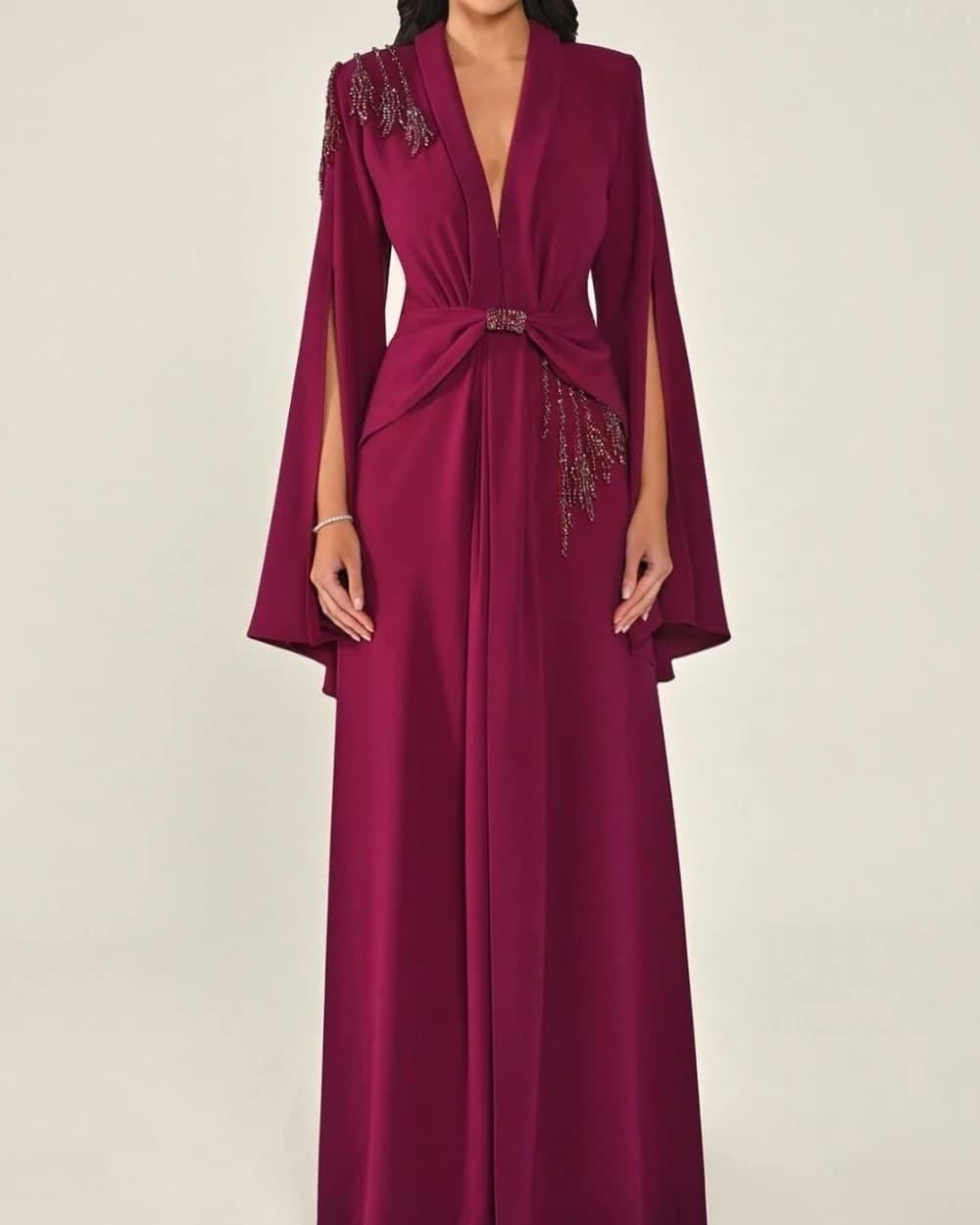 Customized Modest Fashion Jersey Pleat Rhinestone A-line V-neck Long Dresses Evening Dresses Exquisite Sizes Available Formal