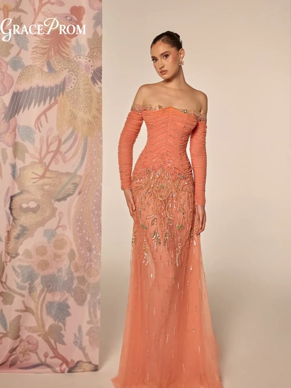 Radiant Off The Shoulder Long Sleeve Beaded Evening Gown Ruched Tulle Party Dress Wedding Guests فساتين سهرة Formal Prom Dress