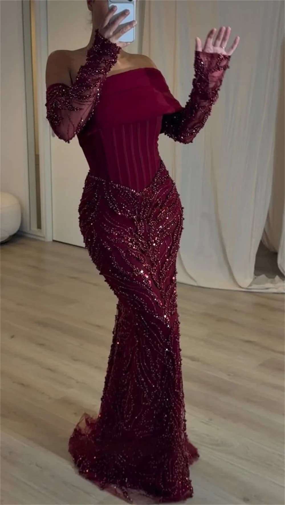 Dubai Customized Burgundy Lace Long Sleeves Prom Dress Off The Shoulder Mermaid vestidos de noiva Floor-length Formal Evening