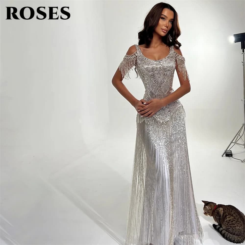 ROSES Silver Sequin Tassel Evening Dresses Off Shoulder Party Dresses Mermaid Prom Gown with Beaded robes du soir Customized