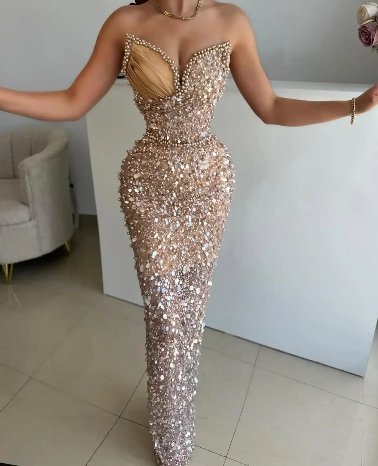 JDY Beaded Evening Dress Pearl Ball Gown Sweetheart Neck Vestidos De Noche Custom Formal Occasion Gown