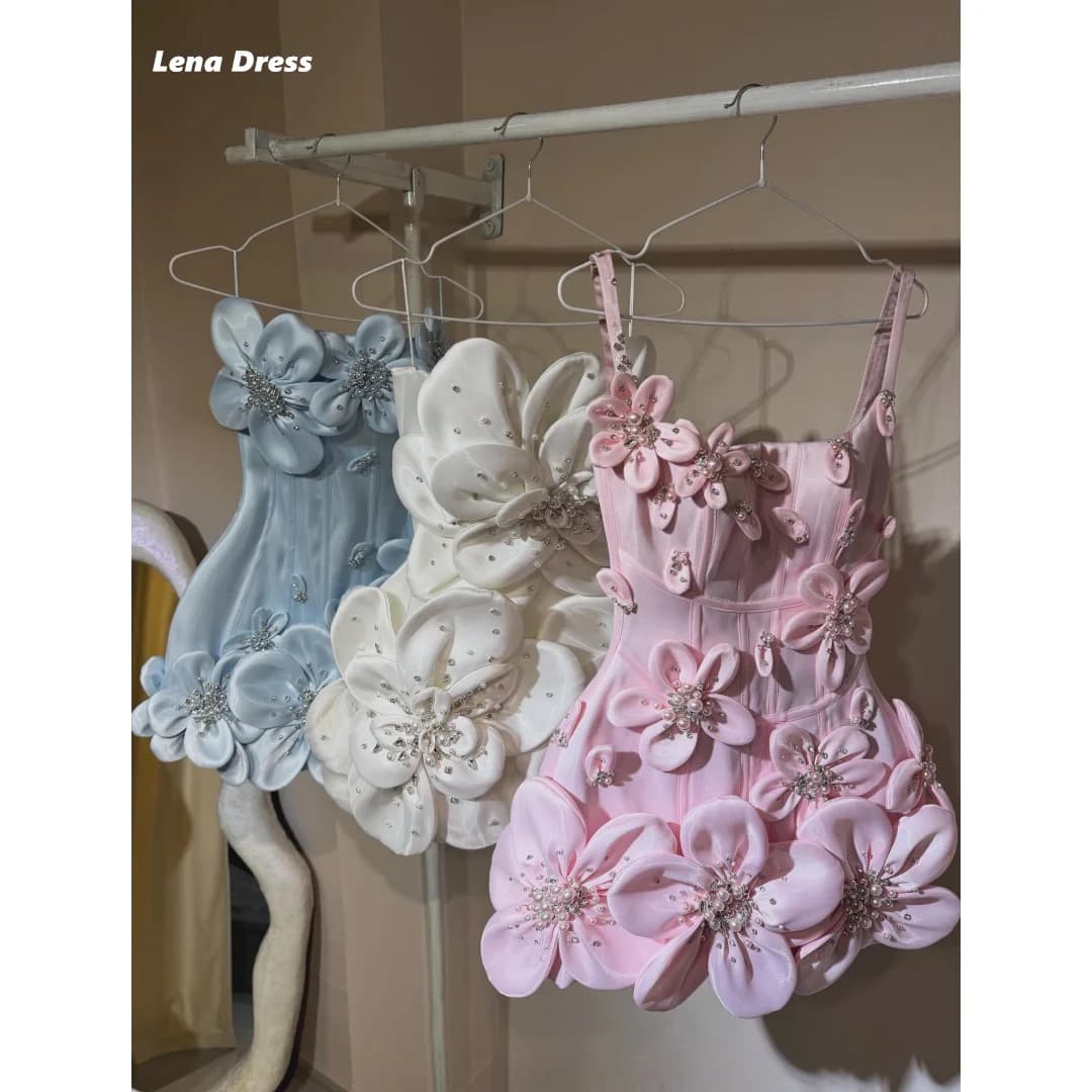 Lena Short Skirt Evening Dresses Wedding Spaghetti Straps Elegant Party Dresses for Women Luxury 3D Flowers Elegant Woman Dress