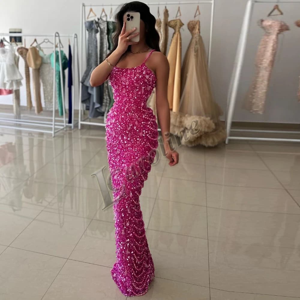 Caroline Attractive Sequin Trumpet Evening Dresses for Women Prom Beads Crystals Vestido De Noche Customized Plus Size