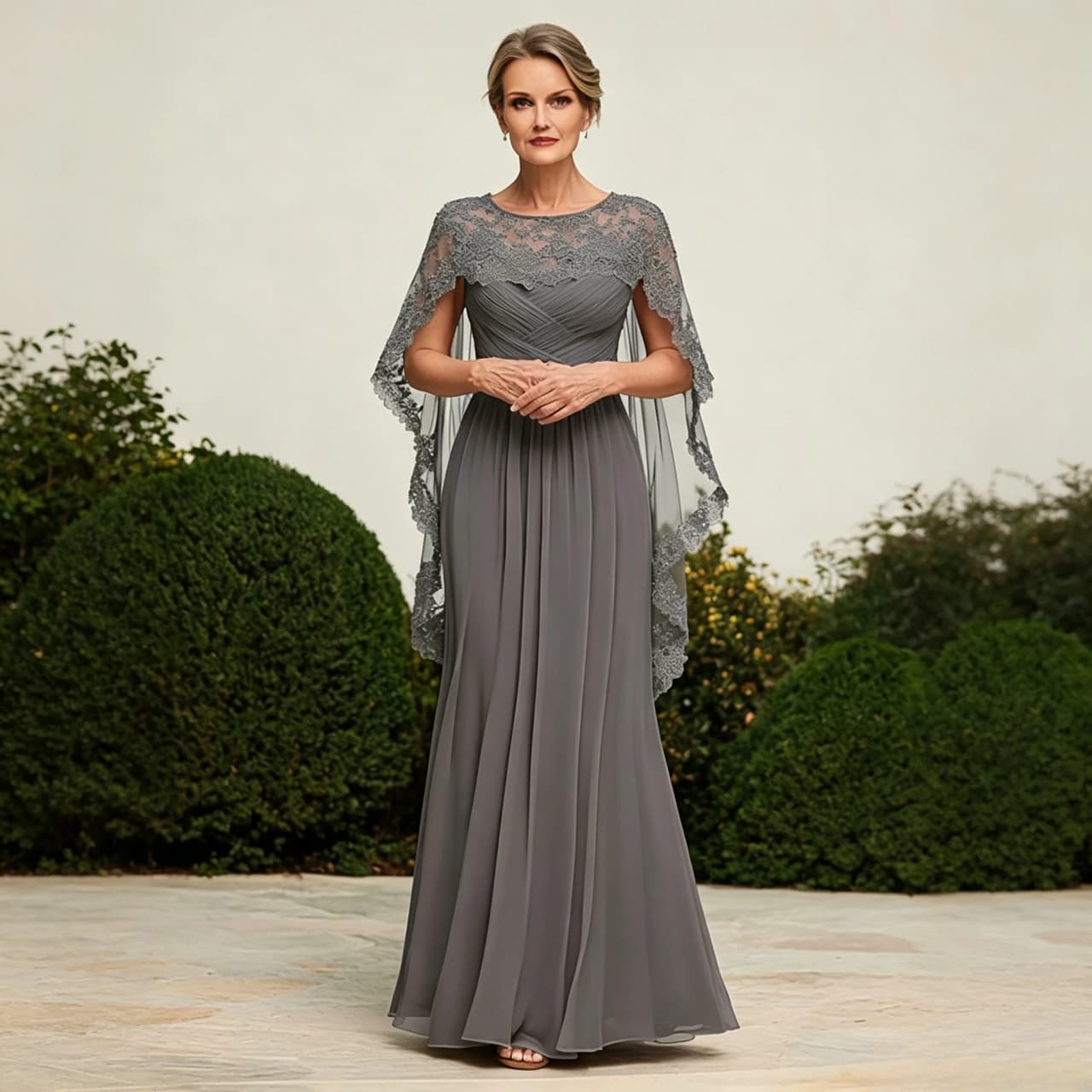 Gray Formal Evening Dress for Mother of the Bride with Round Neck, Lace Capelet, Ruched Bodice and Flowy Chiffon A-Line Skirt