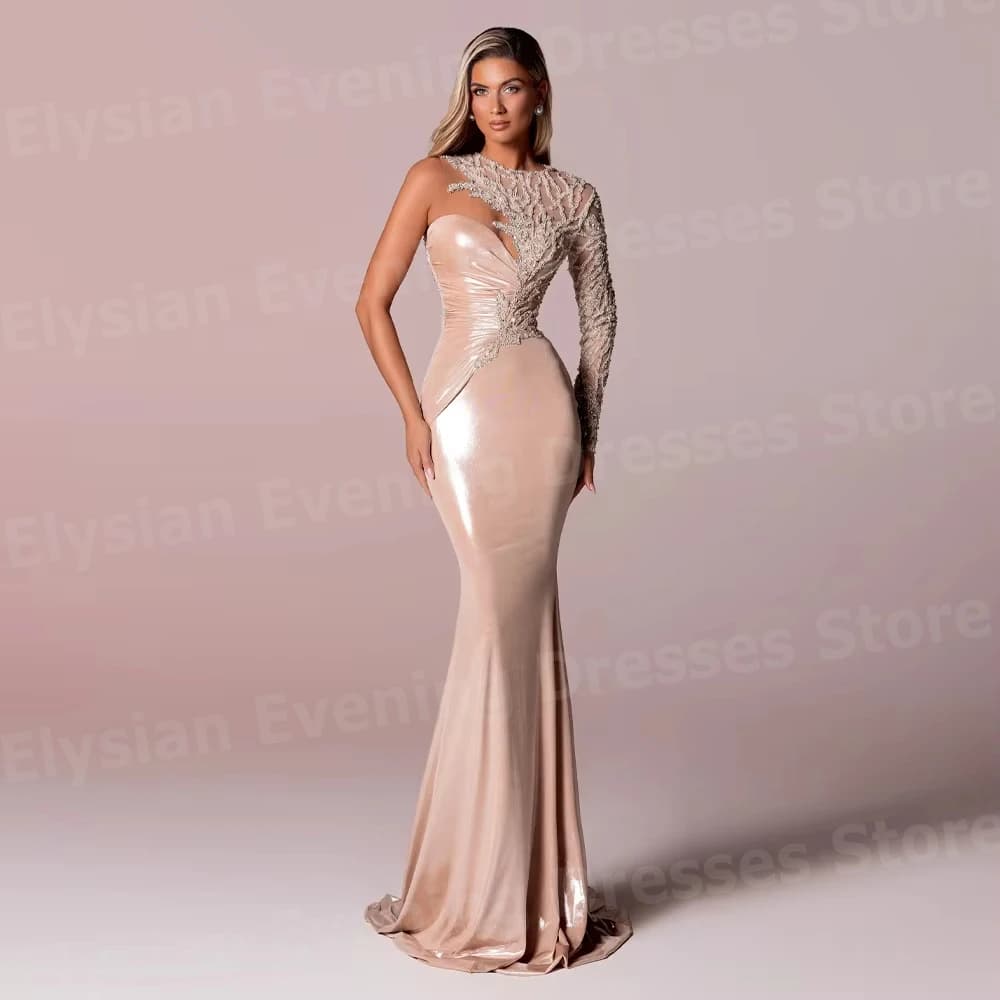 Charming Women's Mermaid One Shoulder Evening Dresses Customized Robe De Soirée Prom Gowns Long Sleeve Party Vestidos Para Mujer