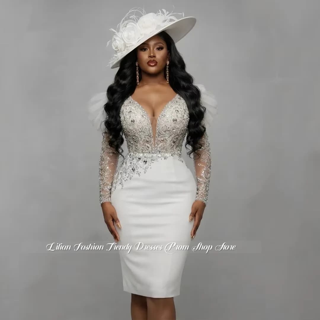 Customized White Heavy Beaded Evening Gown Gemstone Wedding Party Dress Church Event Dress Formal Occasion Dress Banquet Dress