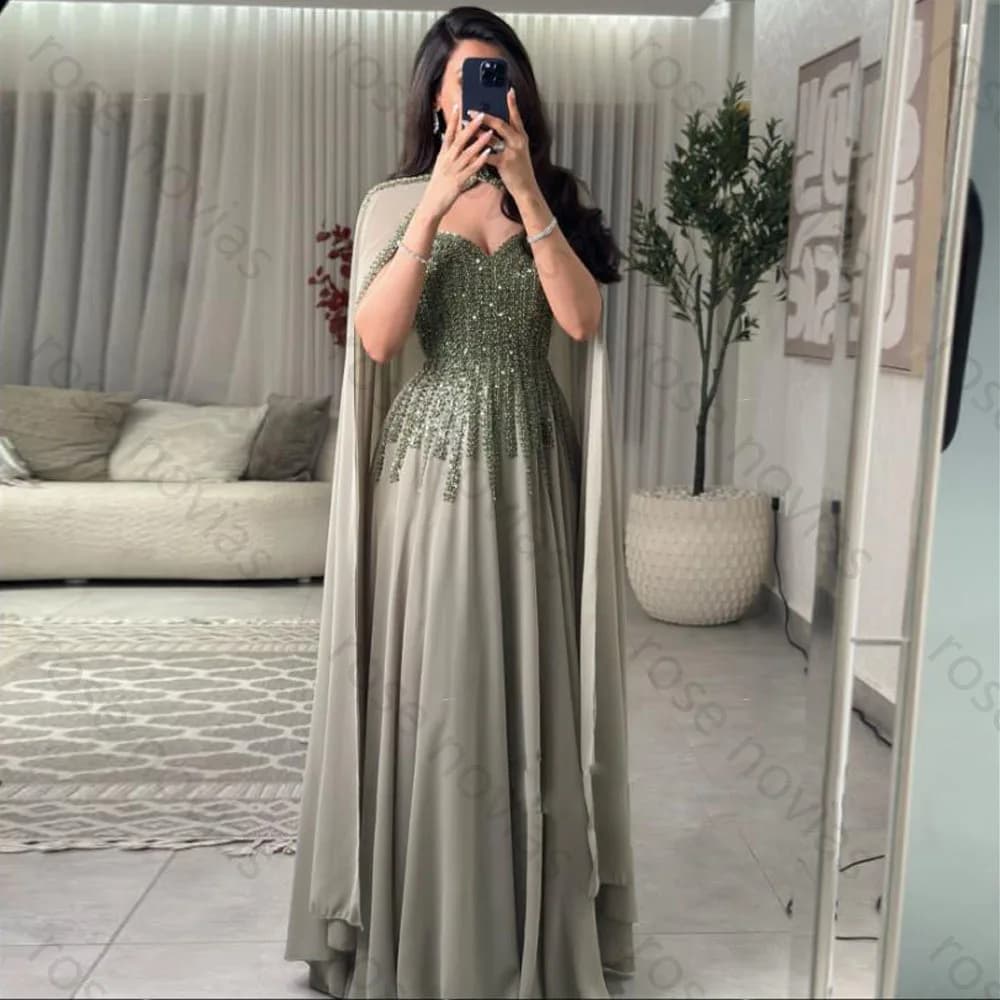 High Quality Customized Bead Evening Dresses with Cape Sweetheart Sequin Formal Wedding Party Gown A Line Chiffon Maxi Dresses