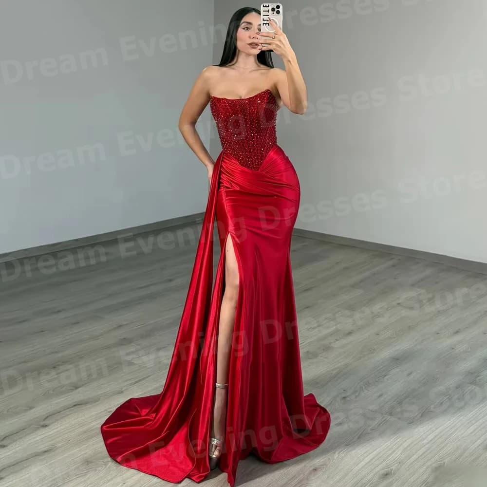 Charming Mermaid Women's Evening Dresses Customized Strapless Beaded Prom Gowns Sleeveless Slit Vestidos Para Mujer Elegantes