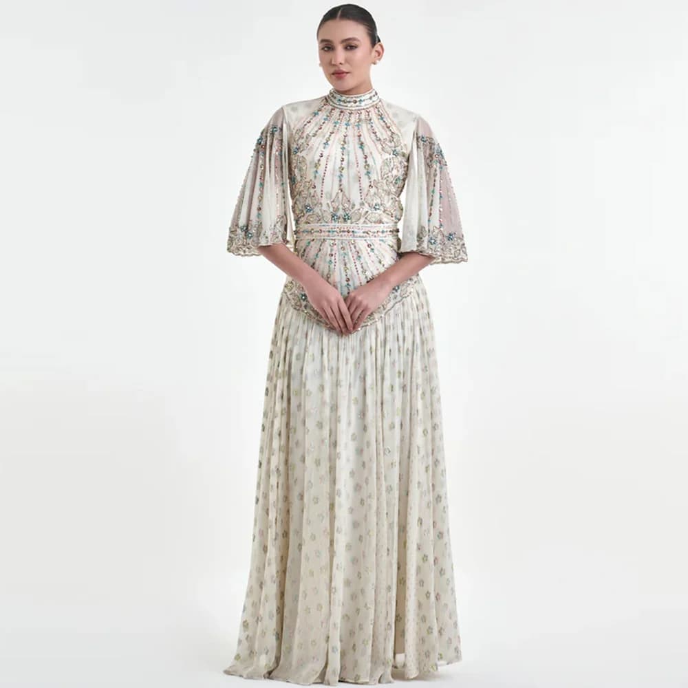 Beading and Appliques Customized Vestido De Festa Elegant A-Line Half Sleeves Evening Dress High Quality Chiffon Prom Dresses
