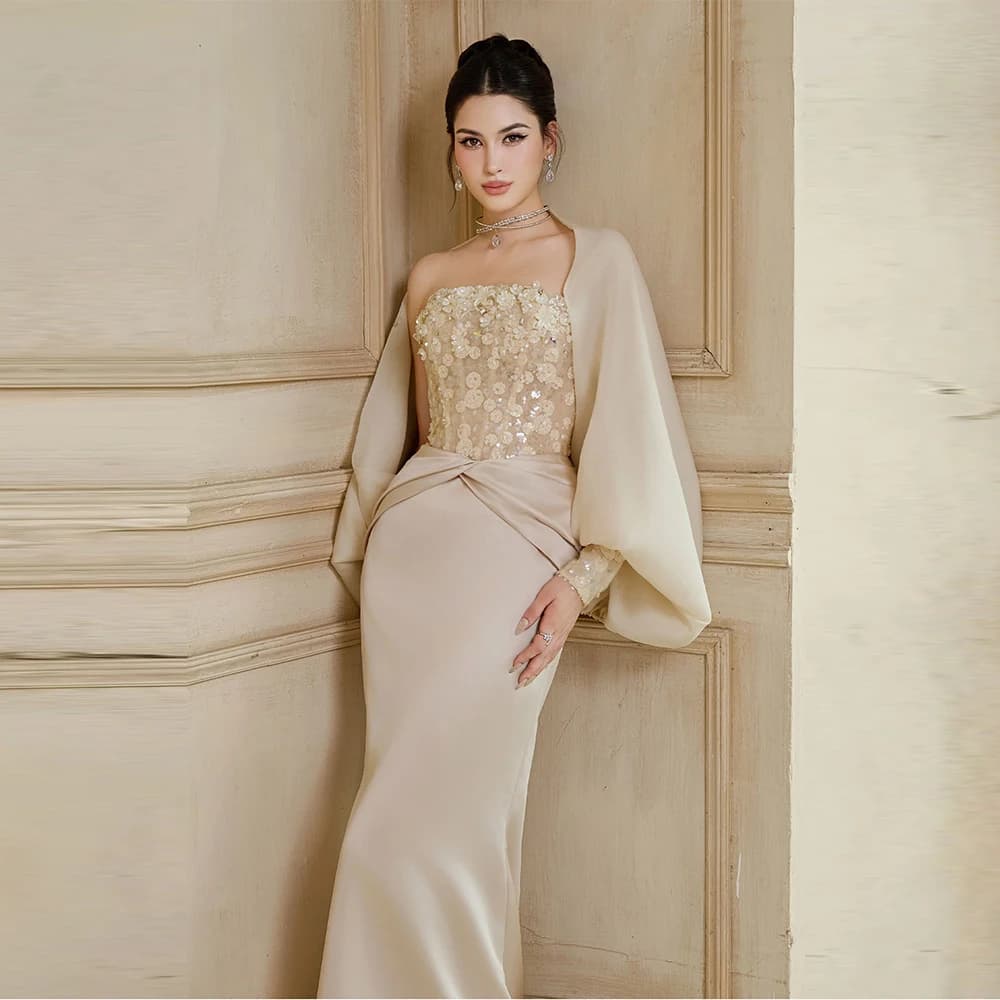 Graceful Mermaid Evening Dress Temperament Sequined Flowers Customized Celebrity Gowns Soft Chiffon Shawl Prom Dresses
