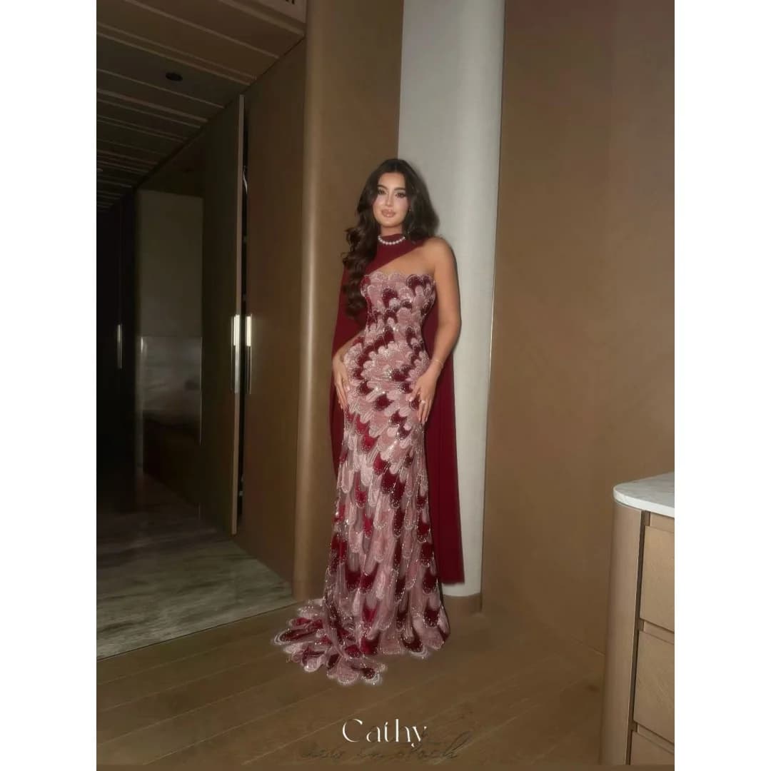 Cathy Customized Colorful Exquisite Peacock Mermaid Prom Dress Strapless vestidos de noche Floor-length Evening Dresses 2026