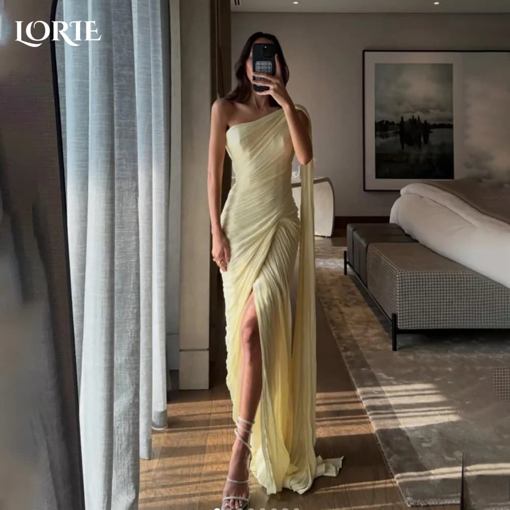 LORIE One Shoulder Mermaid Evening Dresses Crepe Chiffon Side Slit Pleats Sexy A-Line Prom Dress Customized Bride Party Gowns