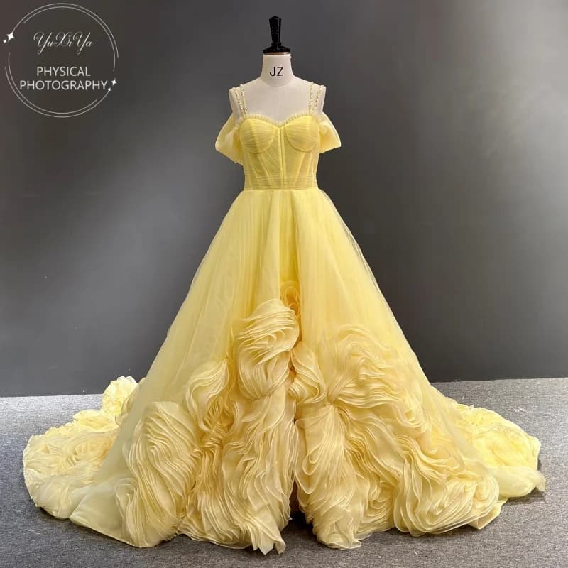 Z0684 Customized 100%Real Photos فستان سهرة Yellow Organza Ruffled Long Train Formal Prom Party Evening Dress Gown