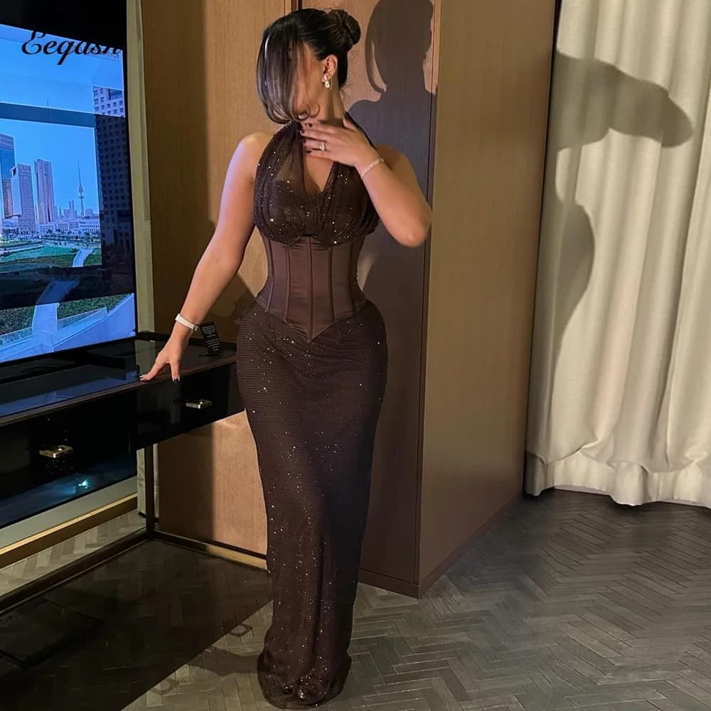 Customized Brown Evening Dress Sexy Mermaid Halter Neck Long Bodycon Dresses Corset Birthday Party Vestidos De Gala De Noche