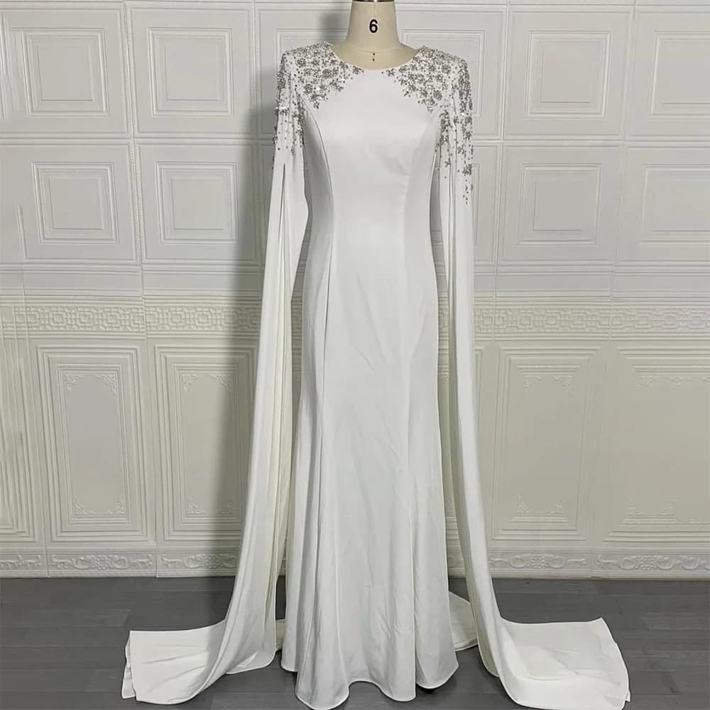 Elegant Dubai White Cap Evening Dresses Formal O-Neck Chapel Train Draped Straight Dress for Elegant Women Customized Gowns