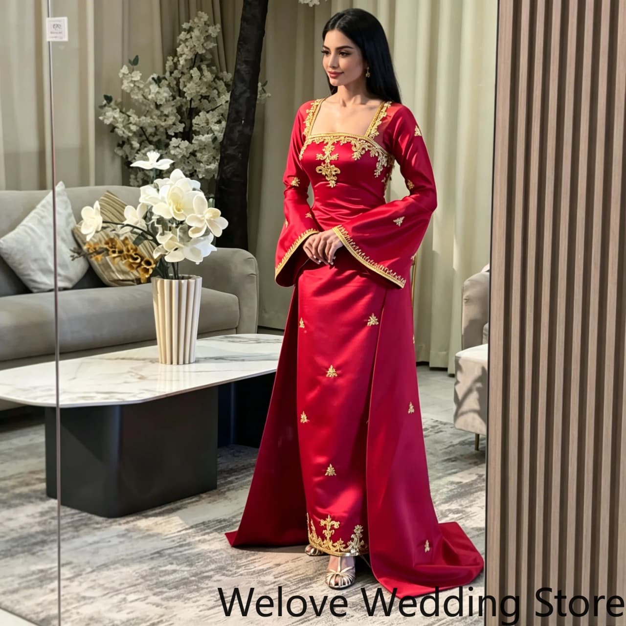 Regal Red Formal Evening Gown featuring luxurious satin fabric, intricate gold embroidery, and elegant flared sleeves