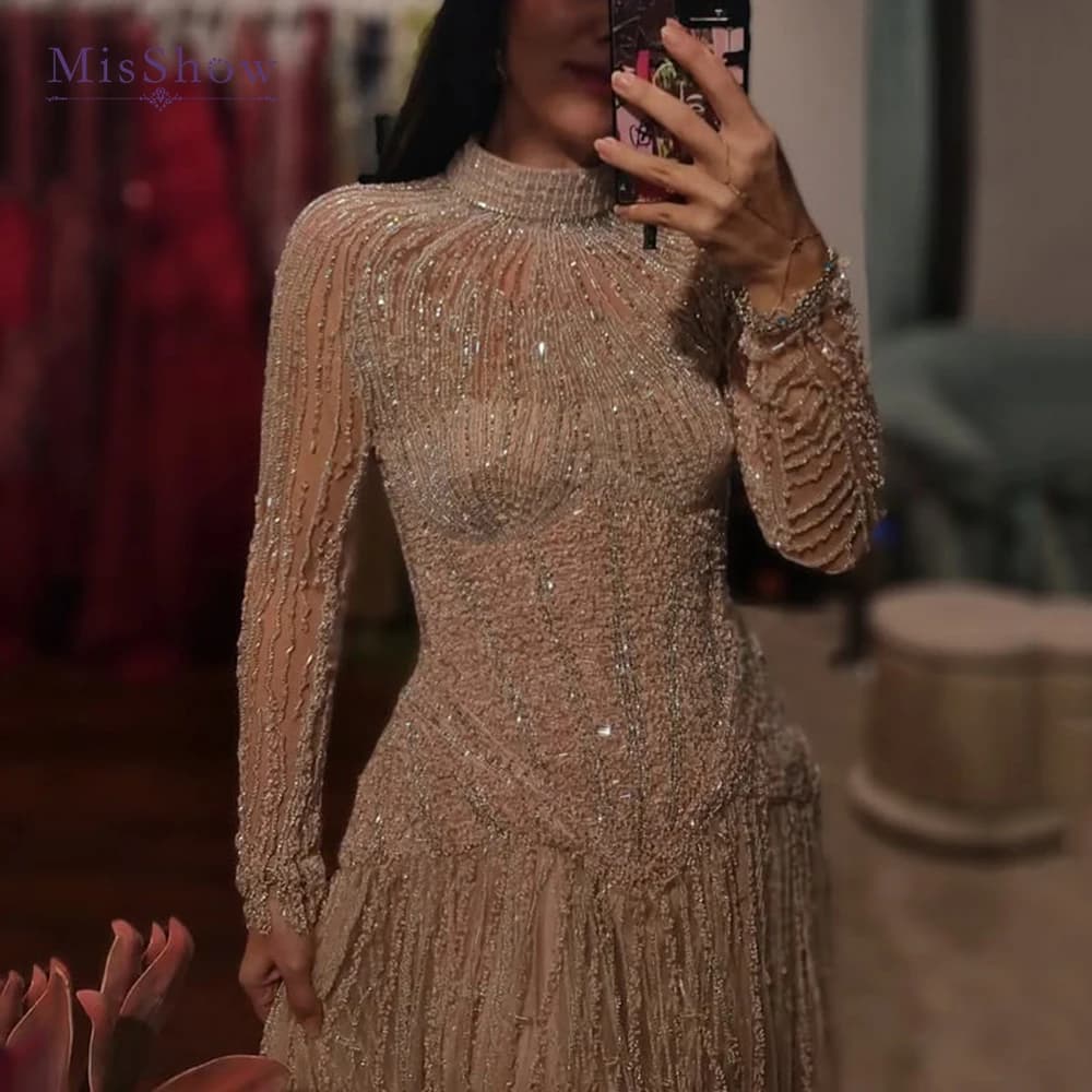 MisShow Customized Champagne Arabic Evening Gown Long Sleeve High Neck Dress with Beading & Glittering Sequins for Gala/Wedding