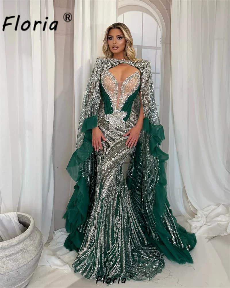 Customized Gorgeous Green Crystal Mermaid Formal Evening Dress with Cape Dubai Beaded Mermaid Wedding Party Gowns Robe de mariee