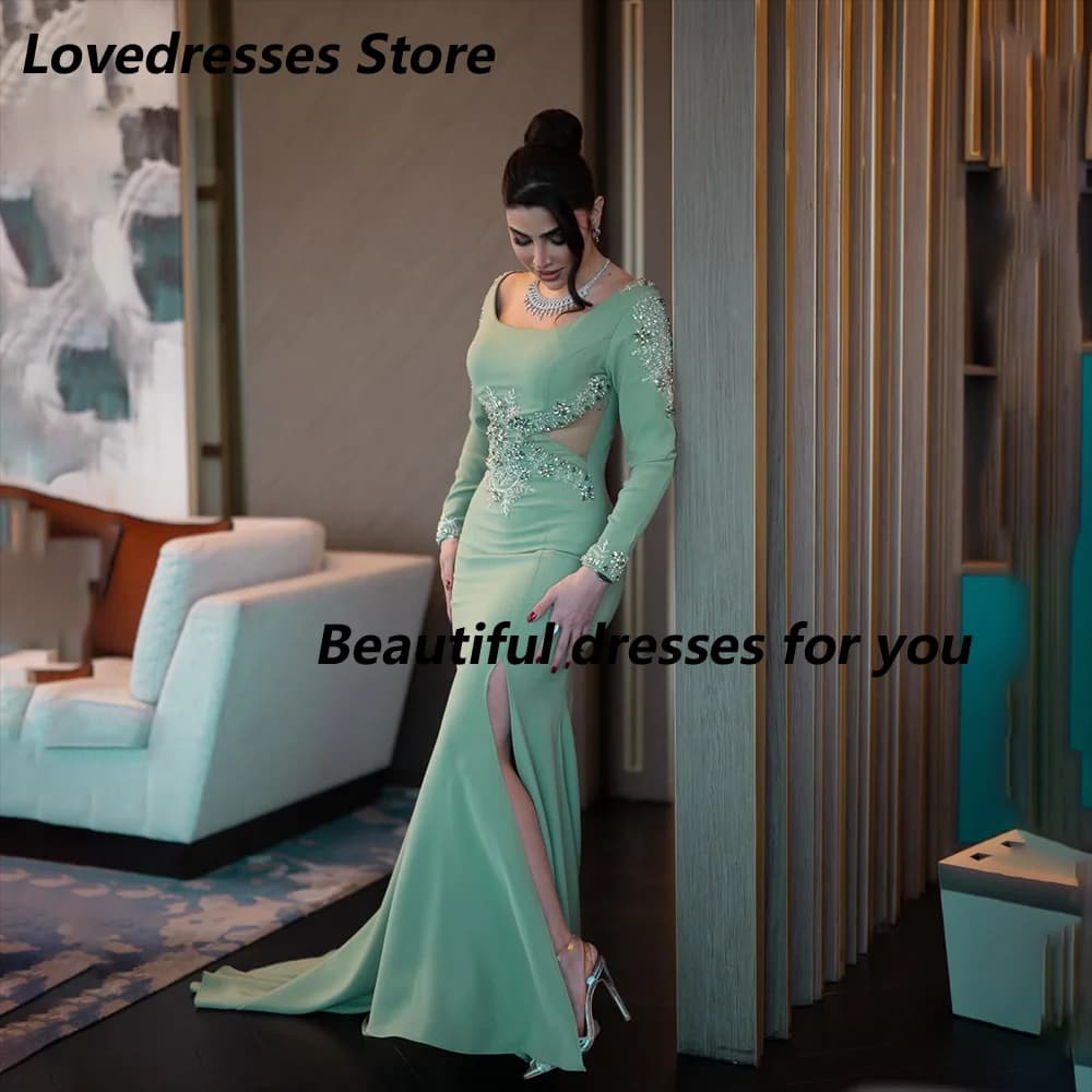 Green Jersey Crystal Beading Luxury Evening Dress Customized Square Neck Mermaid Floor Length Prom Gown Formal Party Dress