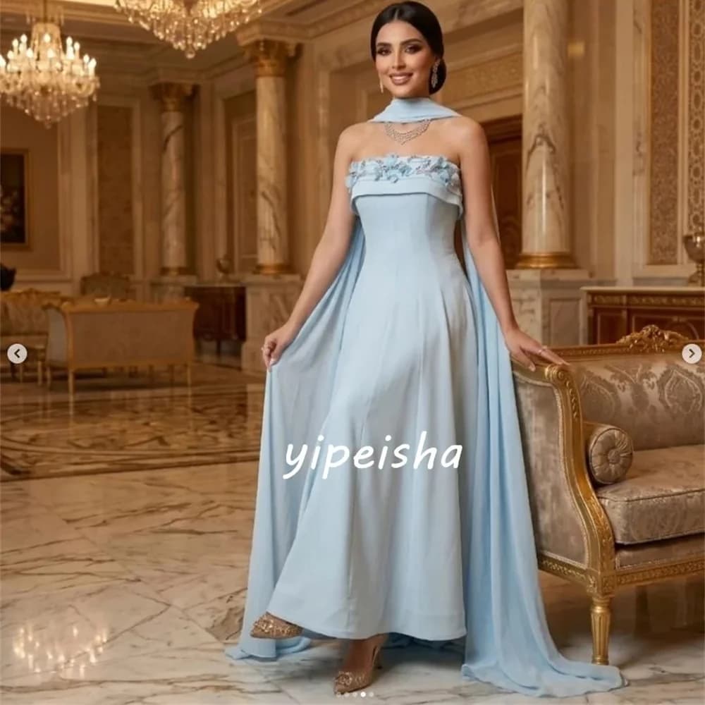 Customized Blue Exquisite Fashion Jersey Flower Beading Sequined Shawl A-line Strapless  Ankle Length Evening Dresses Formal