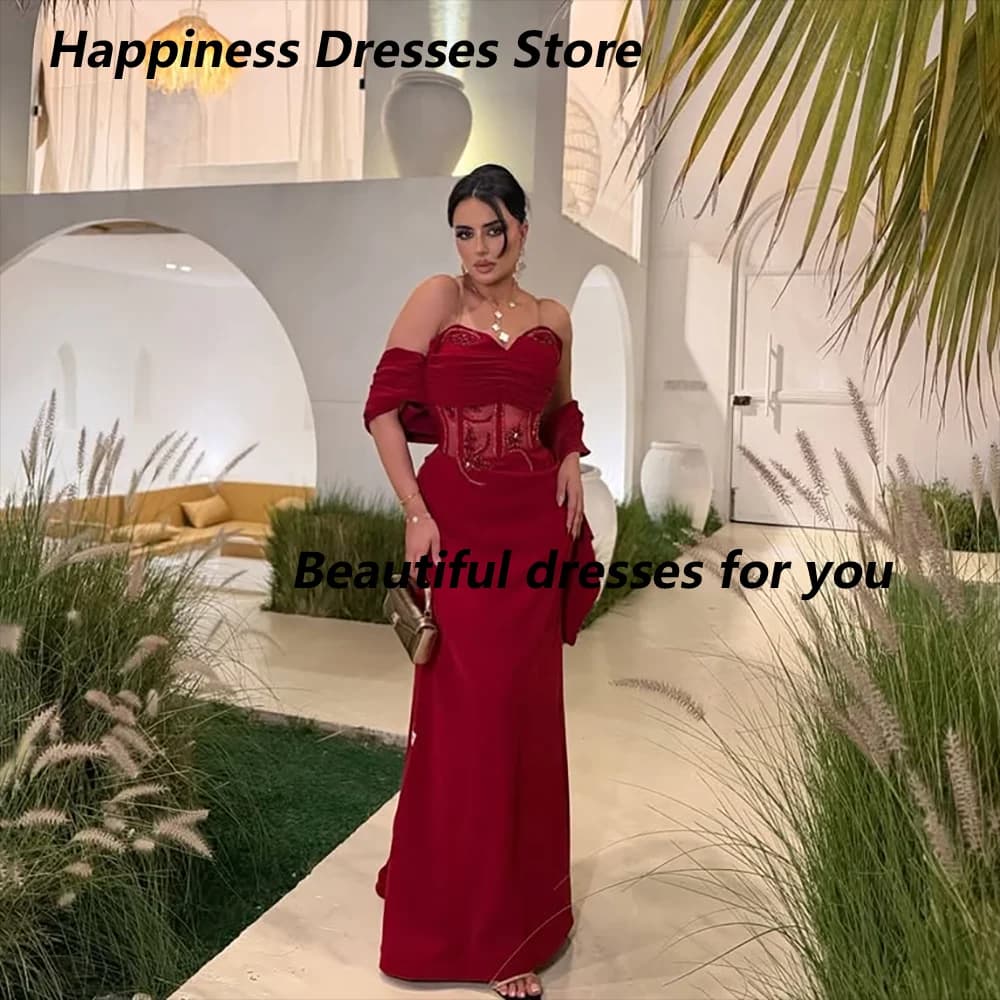 Red Dubai Formal Party Dress Customized Spaghetti Strap Crystal Jersey Mermaid  Floor Lnegth Evening Dress with Shawl Prom Gown
