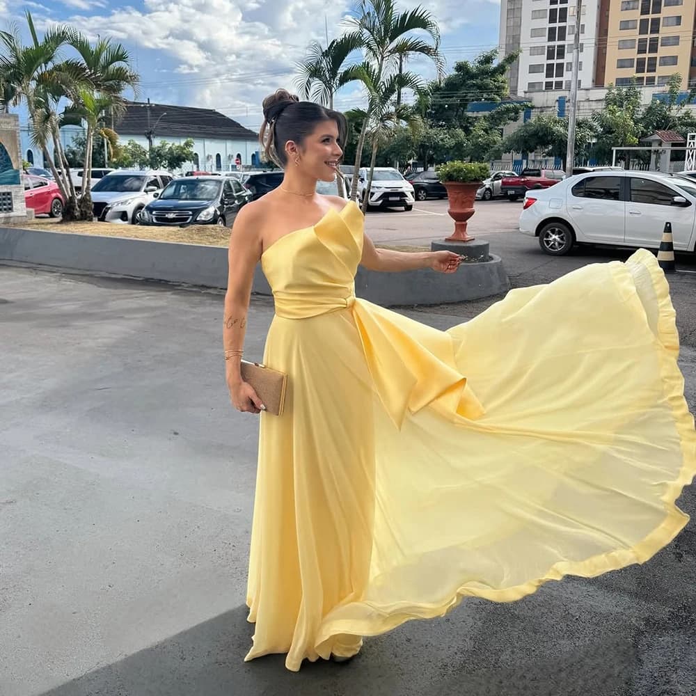 Msikoods Customized Yellow Chiffon Prom Dresses 2026 One Shoulder Formal Gown Elegant Pleated Evening Dress Wedding Party Dress