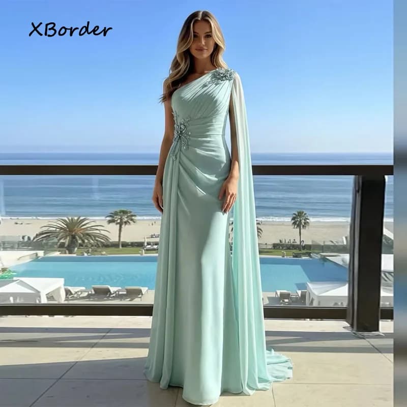 Customized Prom Dress Green One Shoulder With Cape Sleeve Chiffon Floral Applique Ruched Woman Elegant Formal Evening Party Gown