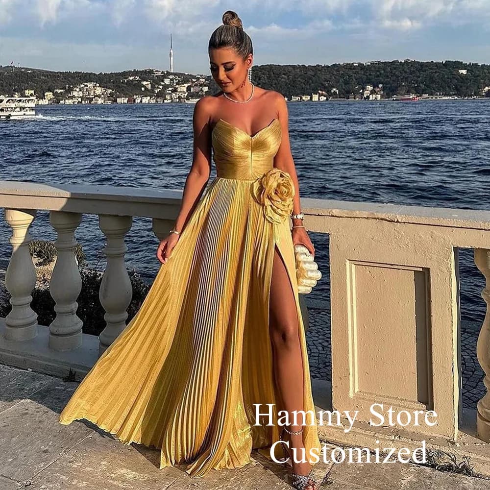 Shinny Gold Evening Dress Customized Sexy V Neck Party Gown Sleeveless Pleat High Slit Pleat Formal Prom Dresses فساتين سهرة