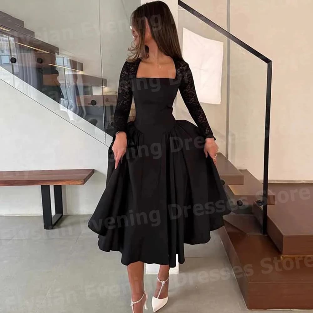 Charming Black Women's A Line Evening Dresses Long Sleeve Customized Lace Prom Gowns Homecoming Vestidos Para Mujer Elegantes