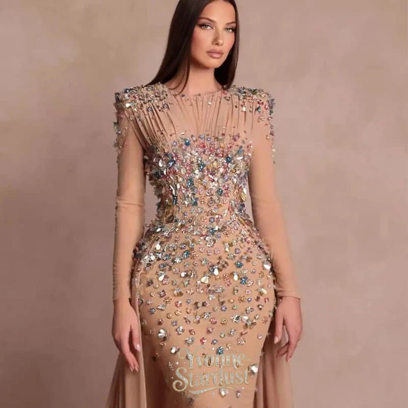 Yvonne Exquisite Mermaid Evening Dress Crystal O-Neck Prom Gowns Luxury Long Sleeve Floor-Length Party Dresses Customized