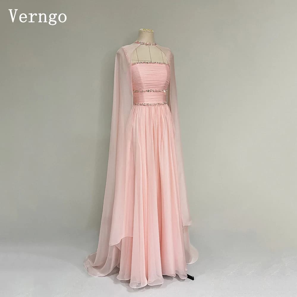 Verngo Elegant Pink Chiffon Evening Dress Sequined A Line Scarf Formal Occasion Dress Elegant Saudi Arabia Prom Gown Customized