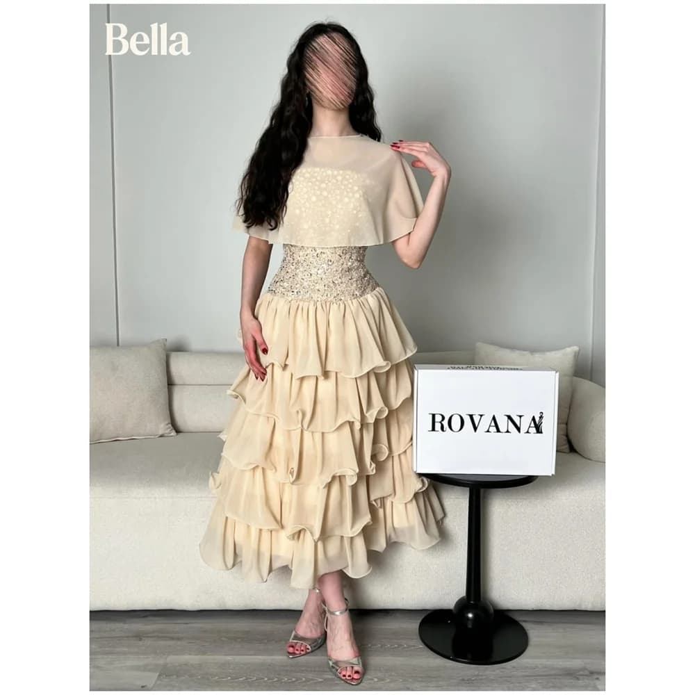 Bella Customized Round Neck Chiffon Midi Formal Dress Luncheon Gown Simple Tender Tea Parties Dress Low-key Modest Soft Dresses