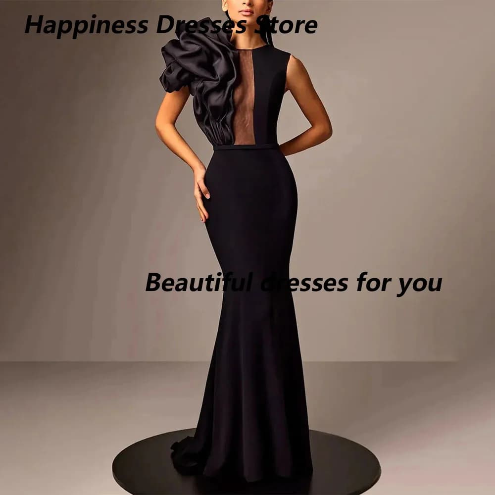 Customized Black Jersey Sleeveless Handmade Flower Evening Dresses Hollowed-out Mermaid Draped O-Neck Long Length Prom Dresses