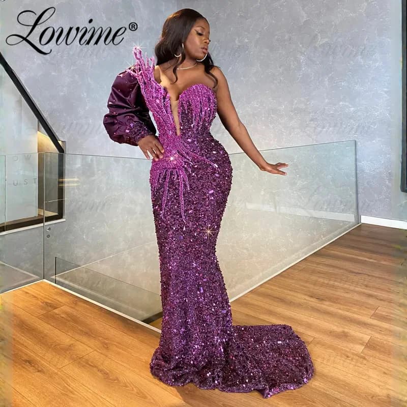 Charming One Shoulder Mermaid Evening Dresses 2025 Purple Long Sleeve Prom Gowns Beading Crystals Party Dress Vestidos De Fiesta