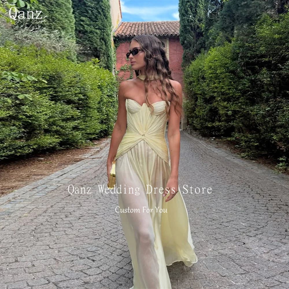 Qanz Light Yellow Evening Dresses Sweetheart Chiffon A Line Vestidos Para Mujer elegant Dresses For Special Event Customized