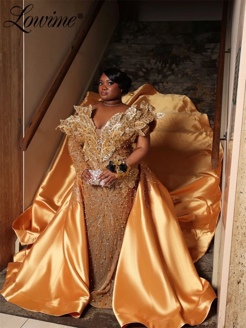 Golden African Prom Dresses With Overskirt Customized One Shoulder Aso Ebi Women's Evening Gown Beaded Crystals Long Party Dress