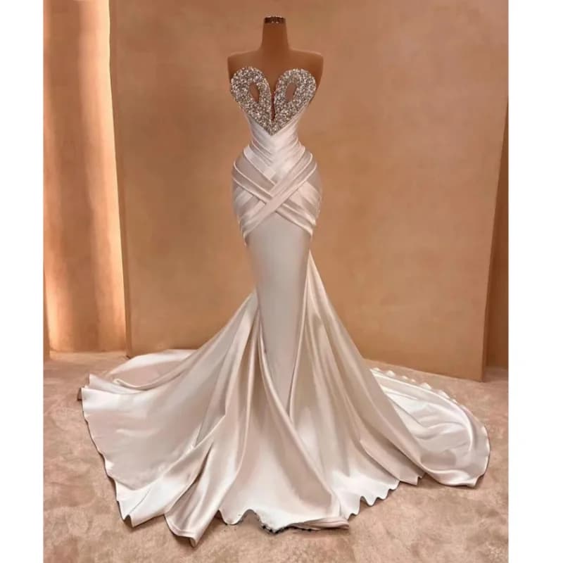 Long White Evening Dresses Luxury Sweetheart Beaded Rhinestones African Long Formal Prom Gown for Wedding Party Customized