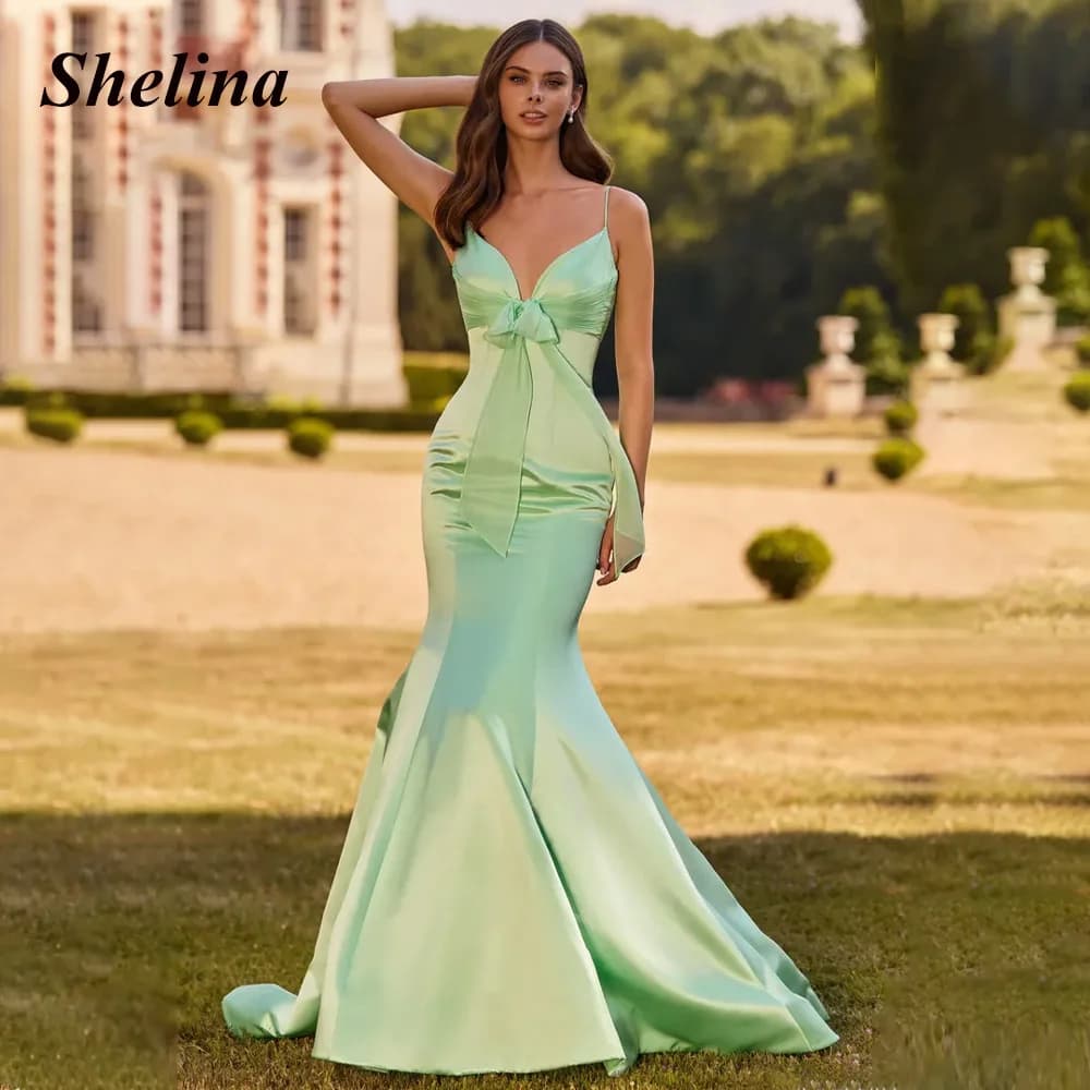 Shelina Classic Satin Evening Dress V-neck Spaghetti Straps Trumpet Sleeveless Bowknot Ceremony Vestidos De Fiesta Customized