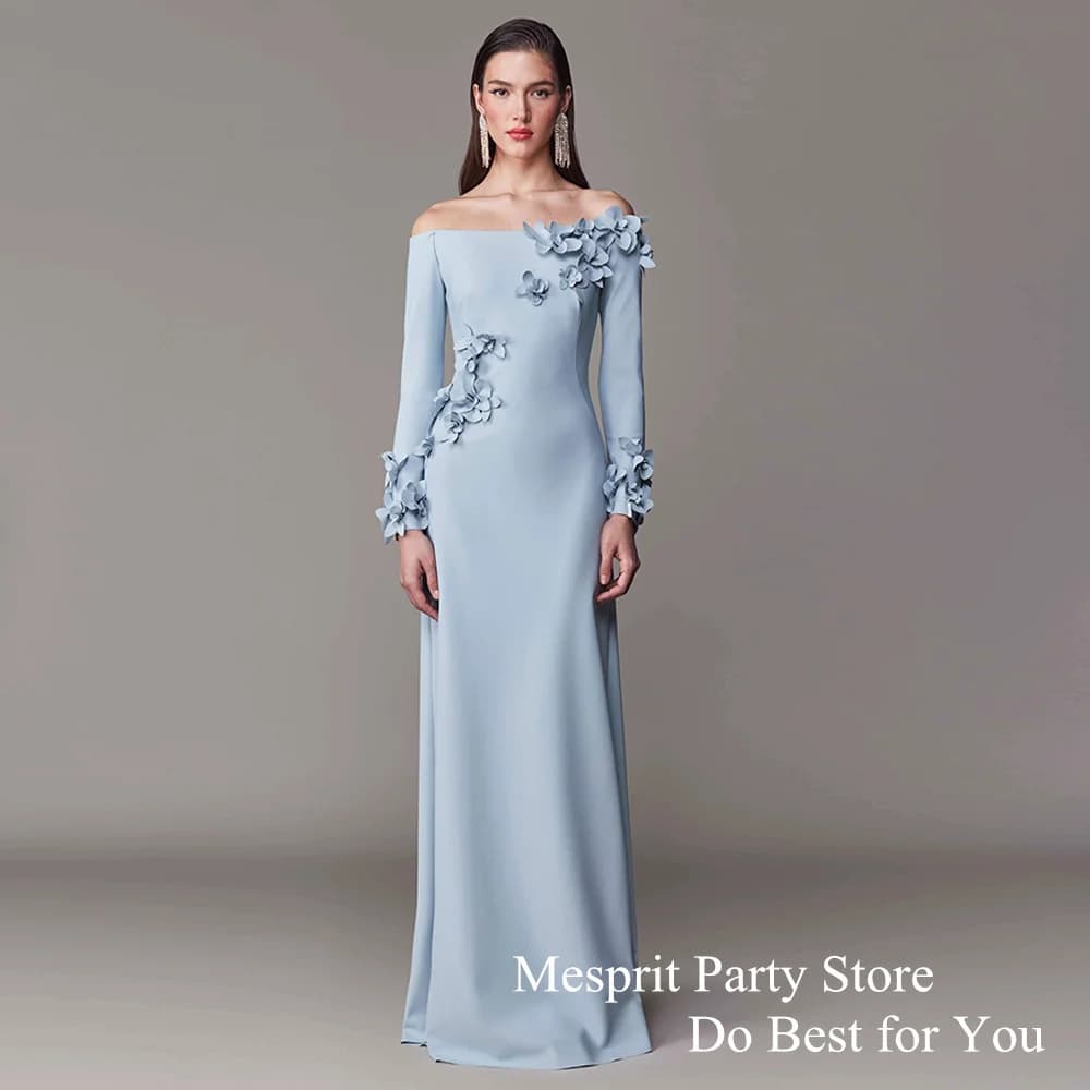 Light Blue Evening Dress Customized Boat Neck Long Sleeves Flowers Straight Formal Occasion Dresses Saudi Arab Prom Gown