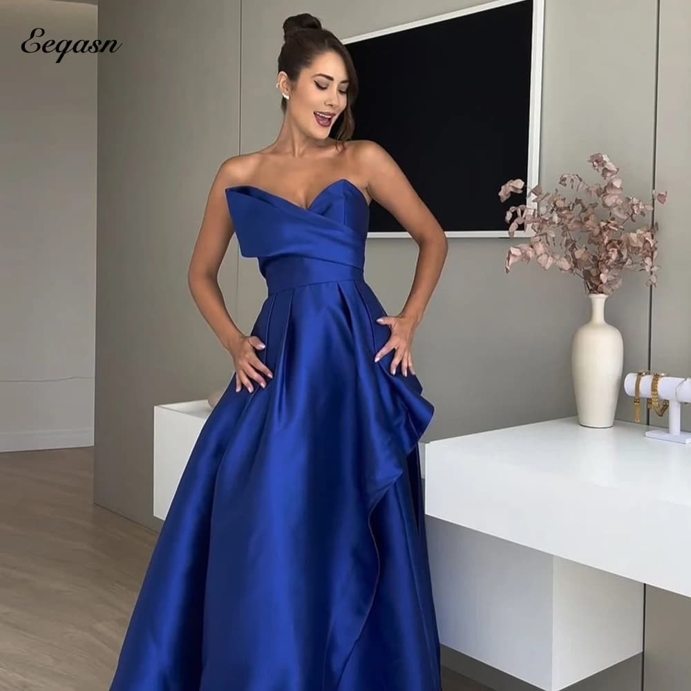 Elegant Royal Blue Evening Gowns A Line Wedding Party Dresses Floor Length Satin Woman Prom Dress vestidos de gala Customized