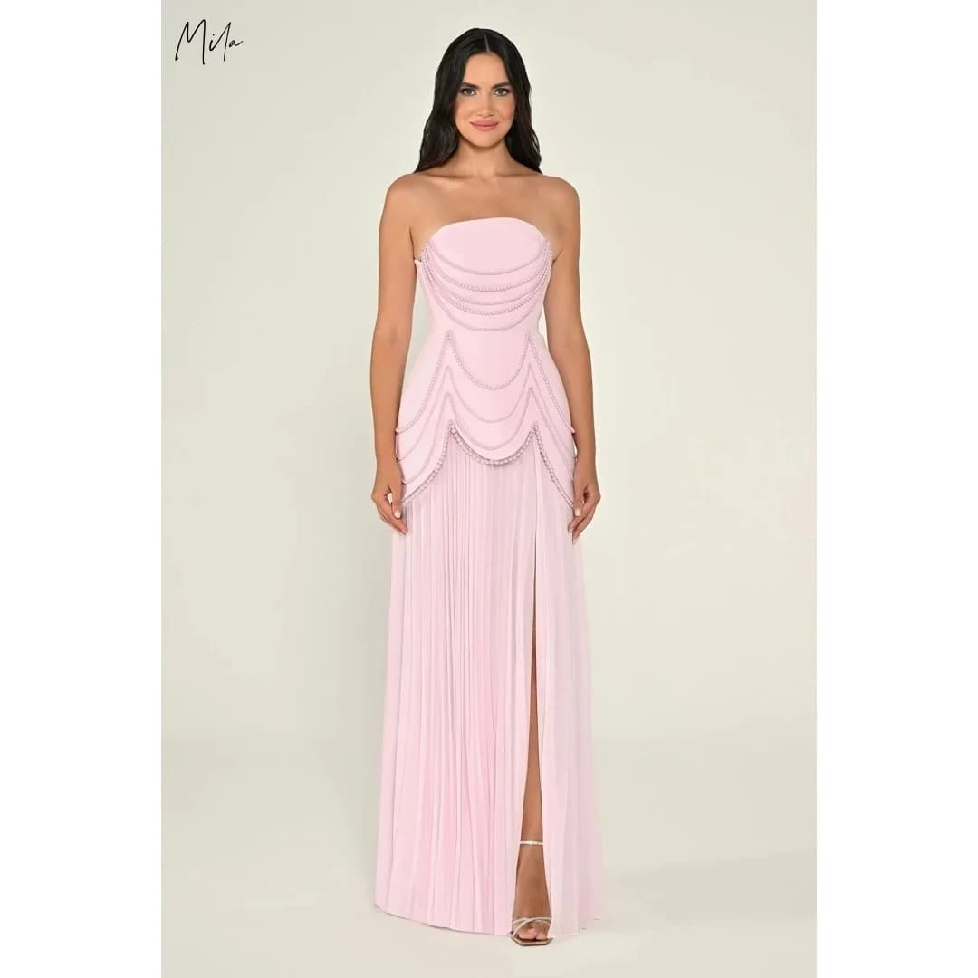Mila Strapless Pearl Decor Pleated High Slit Customized Formal Evening Floor-Length Gown vestidos de gala Elegant Prom Dresses