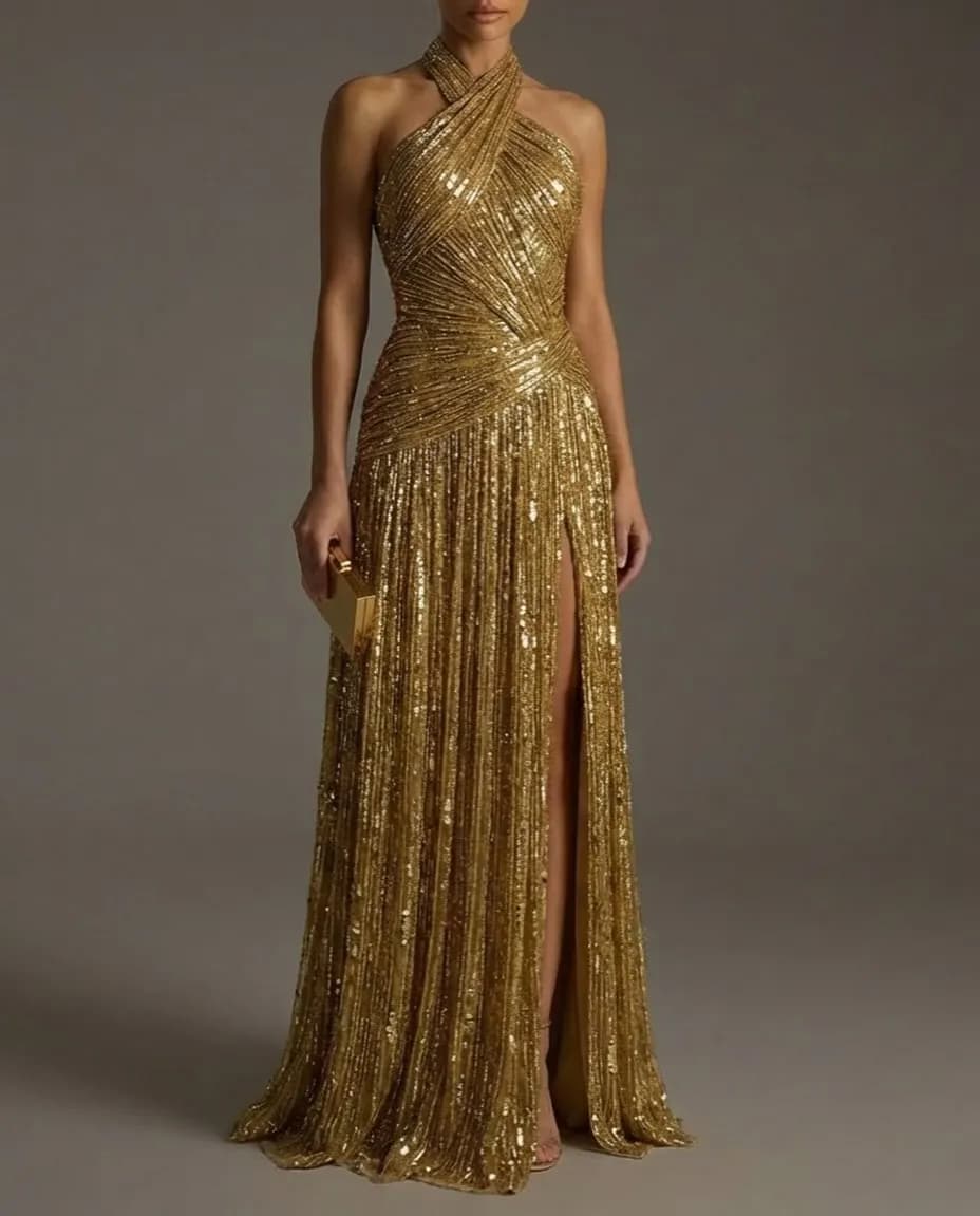Ofherown Luxury Gold Sequin Halter Neck Evening Gown Cross Front Backless Prom Dress With High Slit For Women Customized