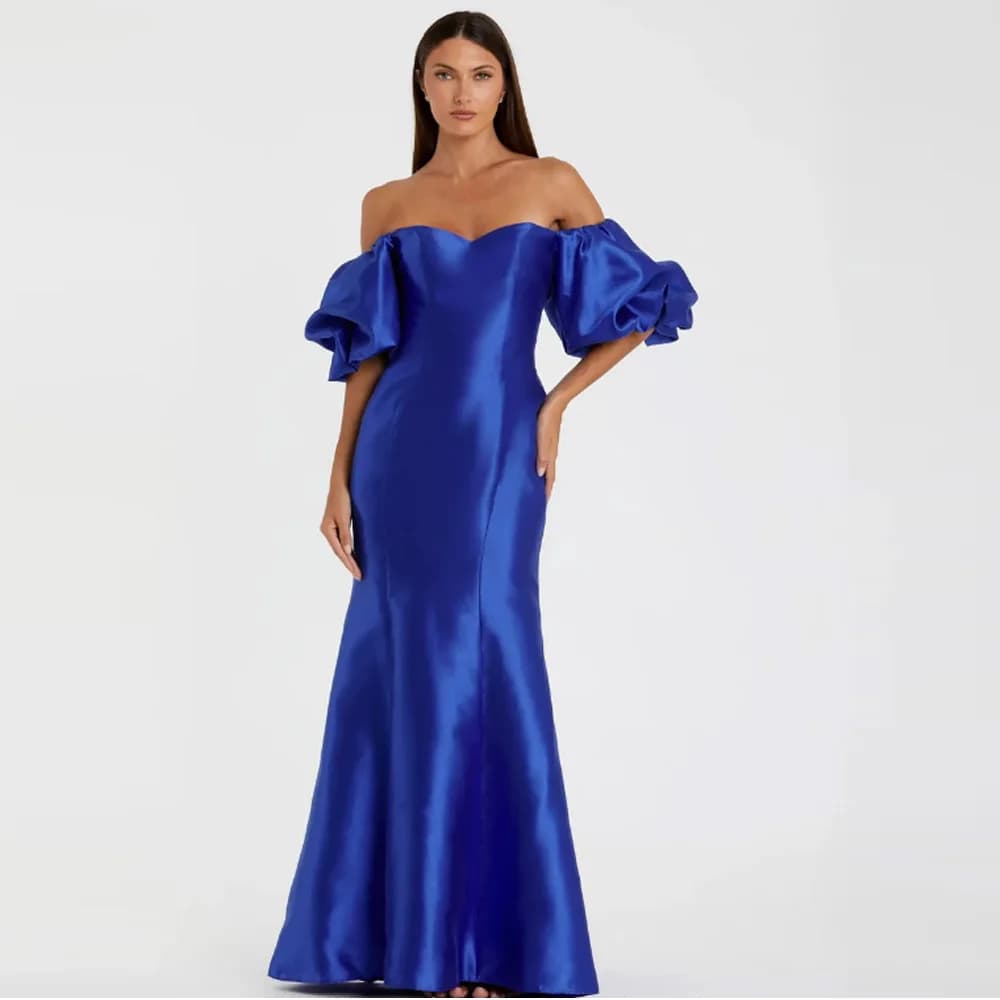 Elegant Royal Blue Off The Shoulder Puff Sleeve Satin Mermaid Evening Dress Formal Prom Gown Customized