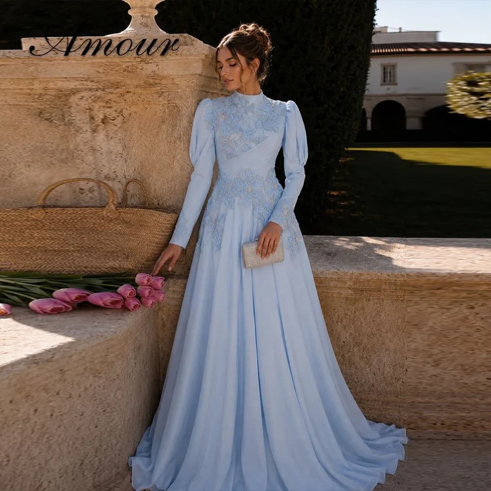 Amour Customized Blue Modest Formal Evening Dress with High Neckline Elegant Puff Long Sleeves Intricate Floral Lace Party Gowns