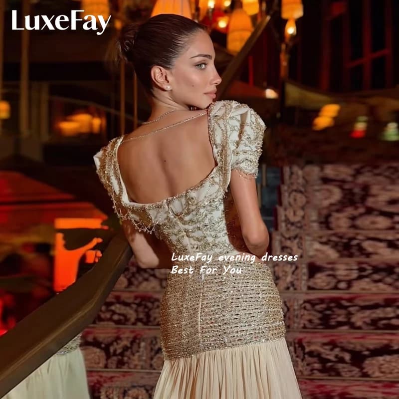 LuxeFay Customized Said Champagne Two Piece Evening Dress Short Sleeves Sequins Beaded Bowknot Women's Formal Party Gowns