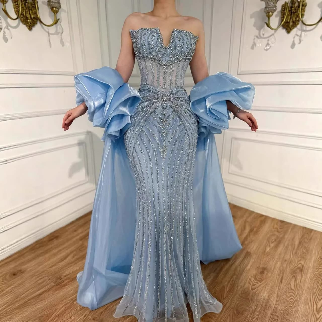 Serene Hill 2026 Luxury Light Blue Diamond Evening Dress With Ruffle Cape Gowns For Formal Occasion BLA73141 Customized