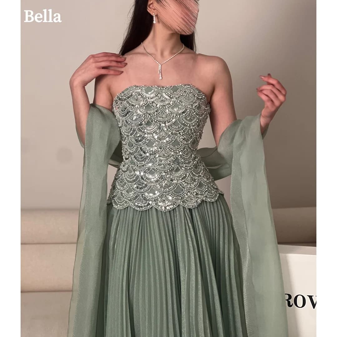 Bella Customized Green Shawl Robes De Soirée Chiffon Sequin Formal Party Dresses Draped Prom Dress Floor Length Evening Dress